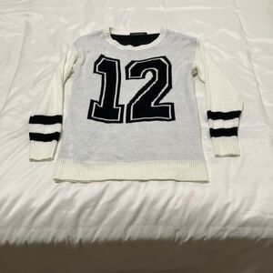 Varsity Number Sweater 12 Knit Game Day Preppy Prep White Black Striped Sz M